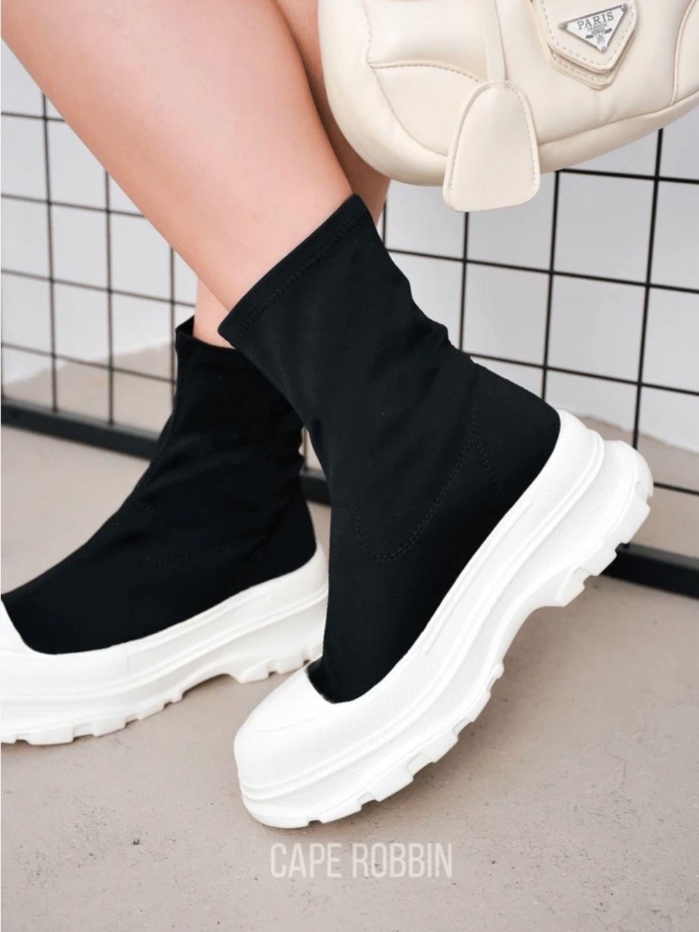 Cape Robbin Black Sock Platform Ankle Boots with White Sole